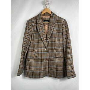 Chadwicks Womens Plaid Wool Blend Blazer Jacket Brown Blue 6 Professional Career